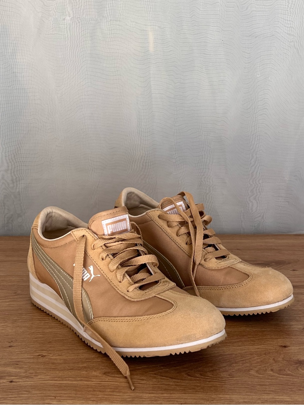 Puma Women’s Tan Suede Low-Top Sneakers with Gold Accent